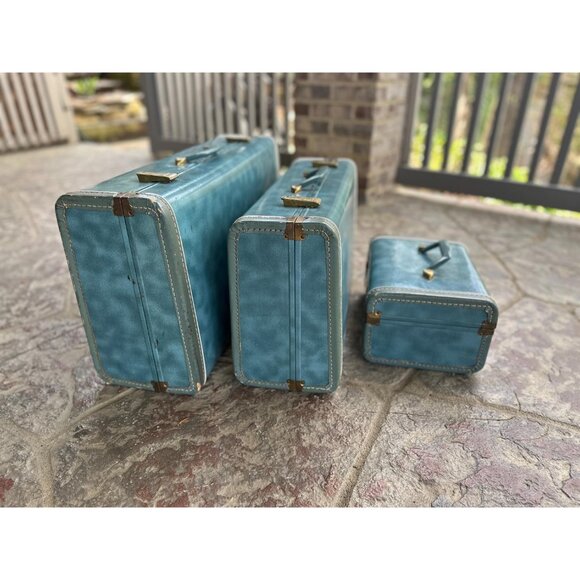 1950s hard shell suitcases in blue marble color three pieces - Picture 2 of 10
